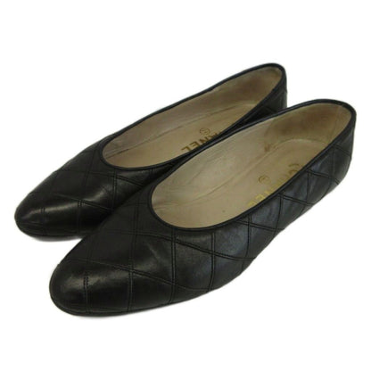 Chanel Quilted Leather Pumps Flat Shoes Almond Toe Black