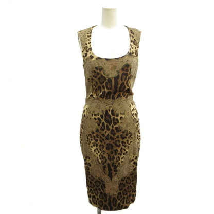 Dolce & Gabbana Dress Gold Colored Leopard Print Square Neck Sleeveless 36