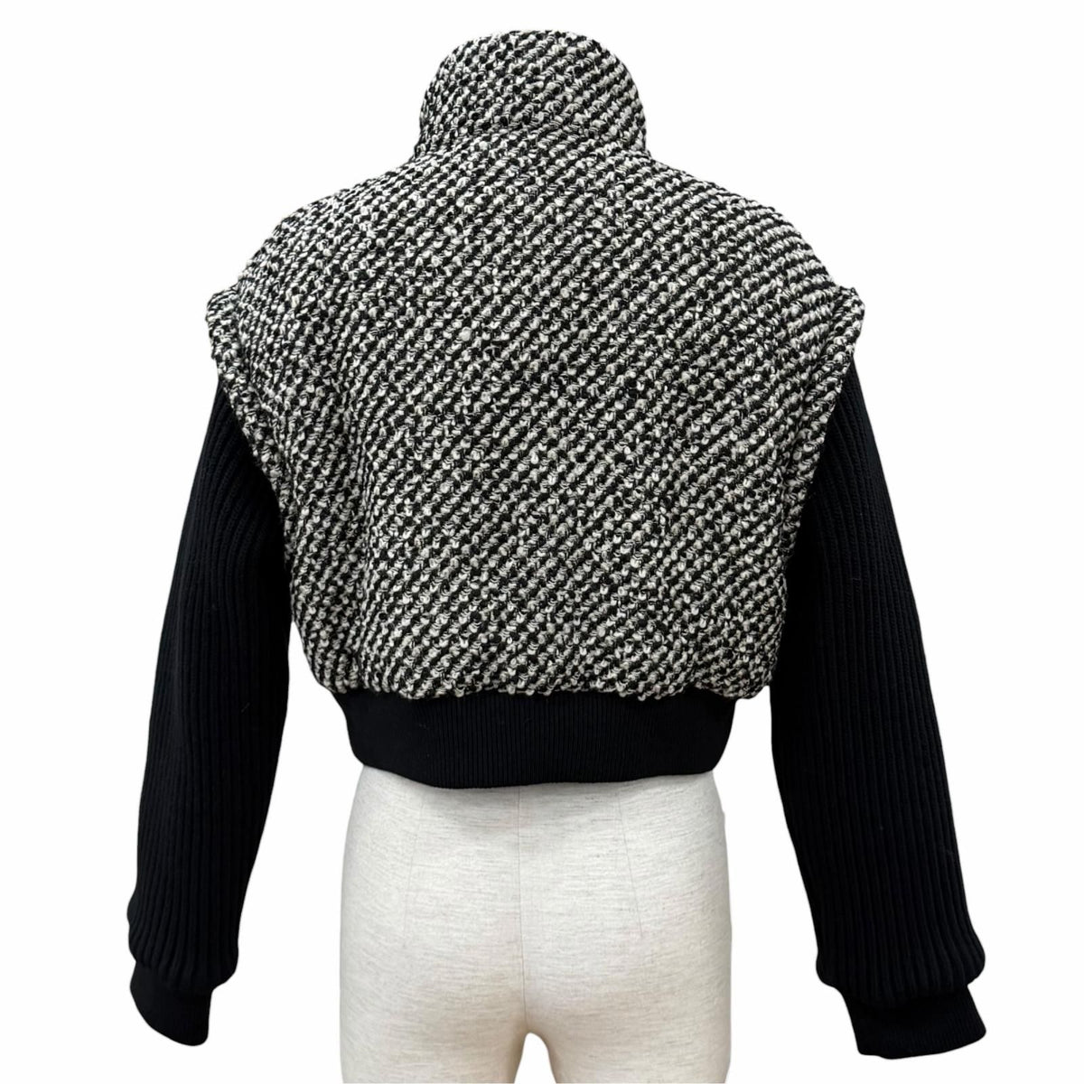 Gucci Wool Blend Interlocking G Contrast Design Tweed Bomber Jacket Black Beige — view 4