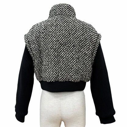 Gucci Wool Blend Interlocking G Contrast Design Tweed Bomber Jacket Black Beige — view 4