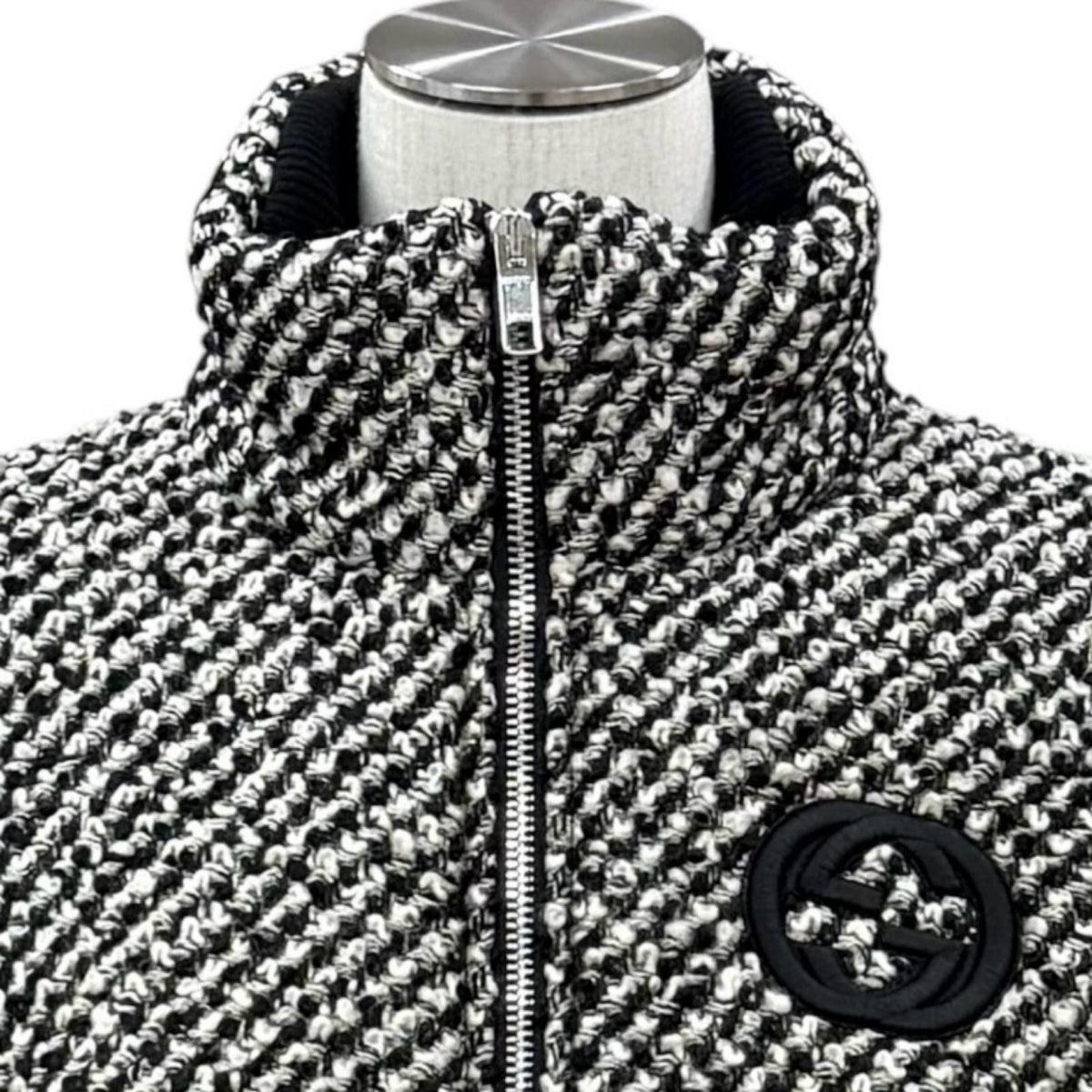 Gucci Wool Blend Interlocking G Contrast Design Tweed Bomber Jacket Black Beige — view 2