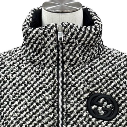Gucci Wool Blend Interlocking G Contrast Design Tweed Bomber Jacket Black Beige — view 2