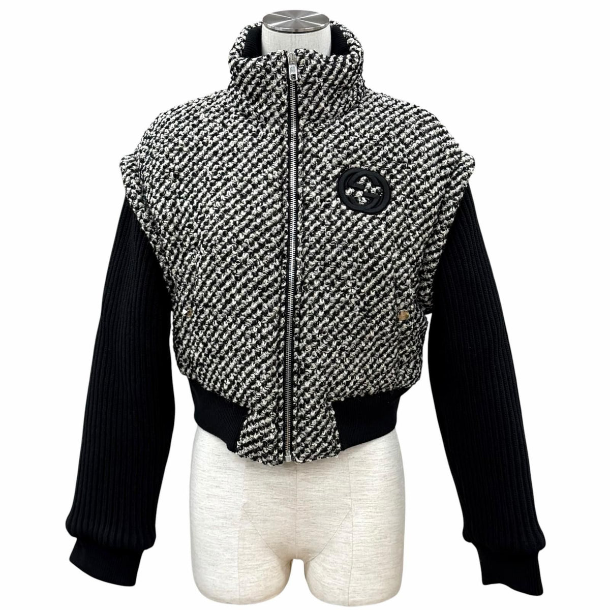 Gucci Wool Blend Interlocking G Contrast Design Tweed Bomber Jacket Black Beige