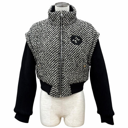Gucci Wool Blend Interlocking G Contrast Design Tweed Bomber Jacket Black Beige