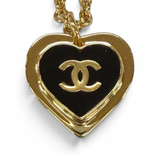 Chanel CC Logo Heart Pendant Gold Black