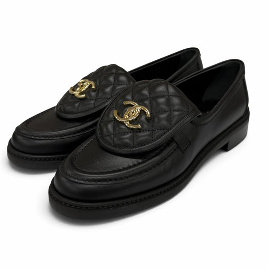 Chanel Quilted CC Logo Turnlock Leather Loafers Black Gold