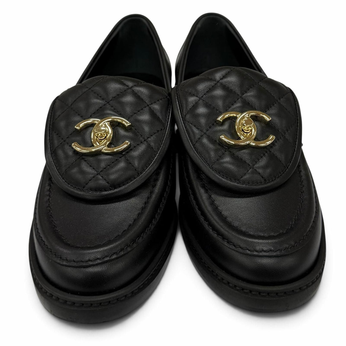 Chanel Quilted CC Logo Turnlock Leather Loafers Black Gold — view 3