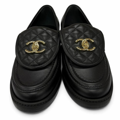 Chanel Quilted CC Logo Turnlock Leather Loafers Black Gold — view 3