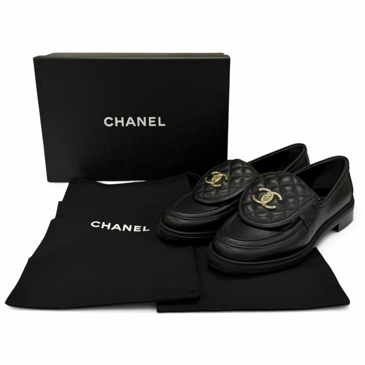 Chanel Quilted CC Logo Turnlock Leather Loafers Black Gold — view 2