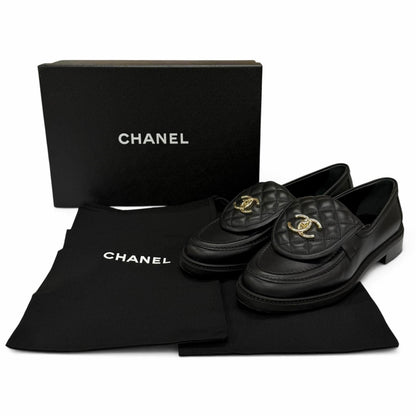 Chanel Quilted CC Logo Turnlock Leather Loafers Black Gold — view 2