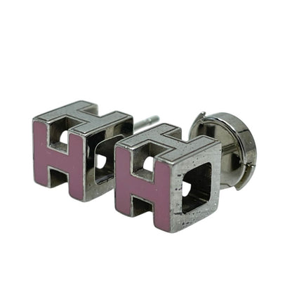 Hermes Earrings Cage D'h Cube Metal Silver Pink
