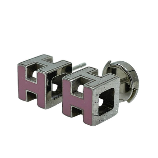 Hermes Earrings Cage D'h Cube Metal Silver Pink