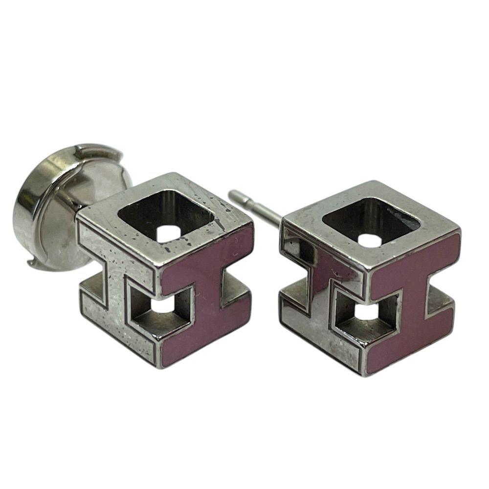 Hermes Earrings Cage D'h Cube Metal Silver Pink — view 7