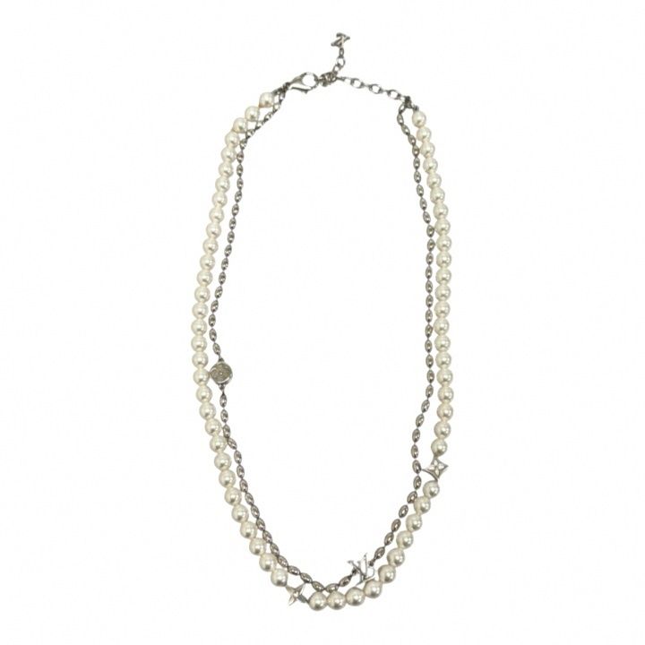 Louis Vuitton Necklace Pearl Fusion Monogram Flower LV Pendant Silver