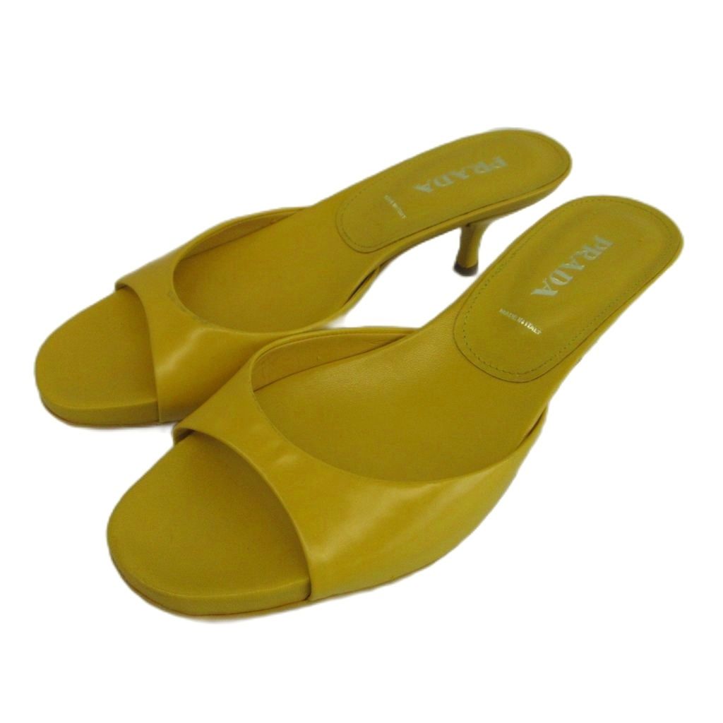 Prada Sandals Smooth Leather Open Toe Middle Heels Yellow