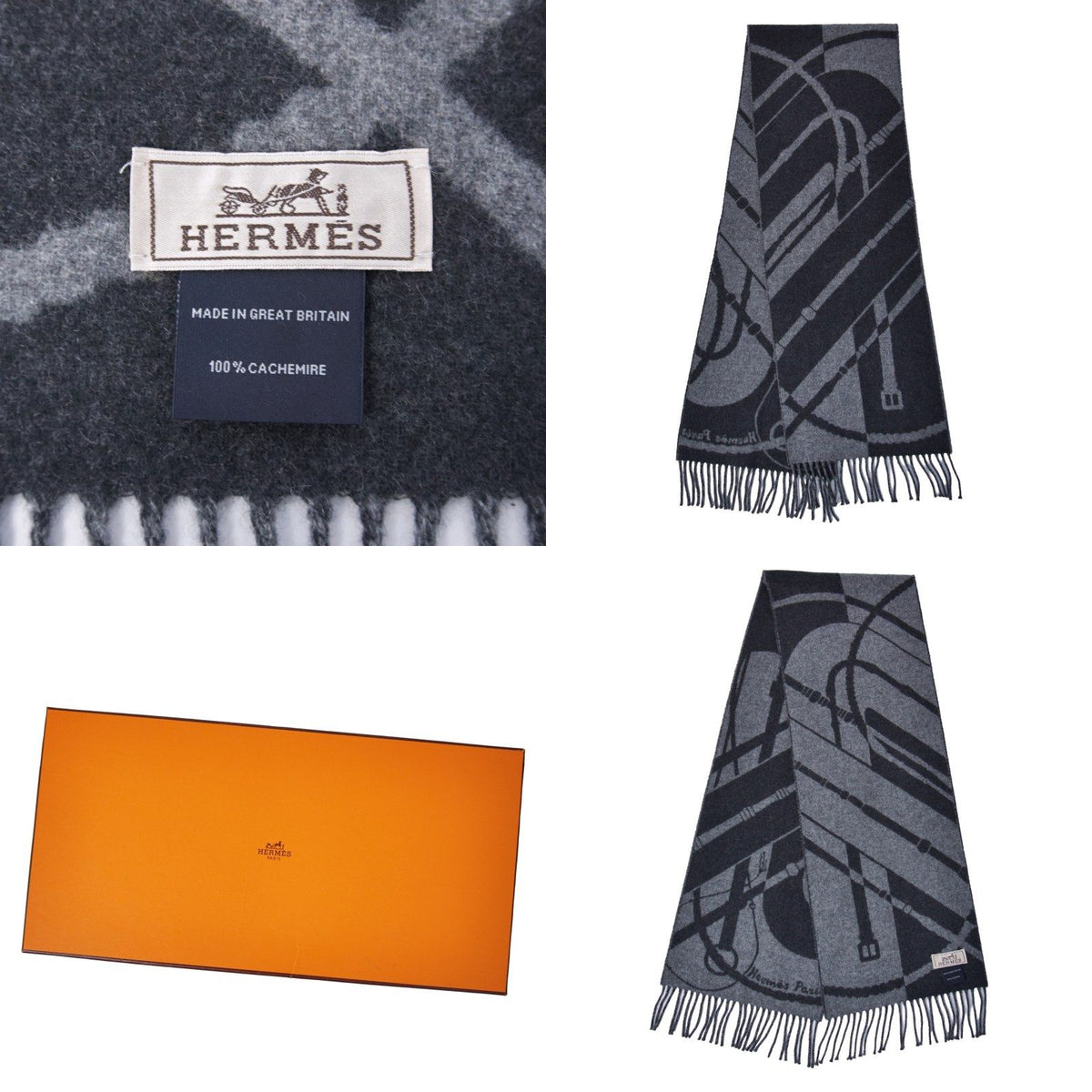 Hermes Scarf Shawl Clic-clac Clic Clac All Over Print Fringe Cashmere Gray — view 4