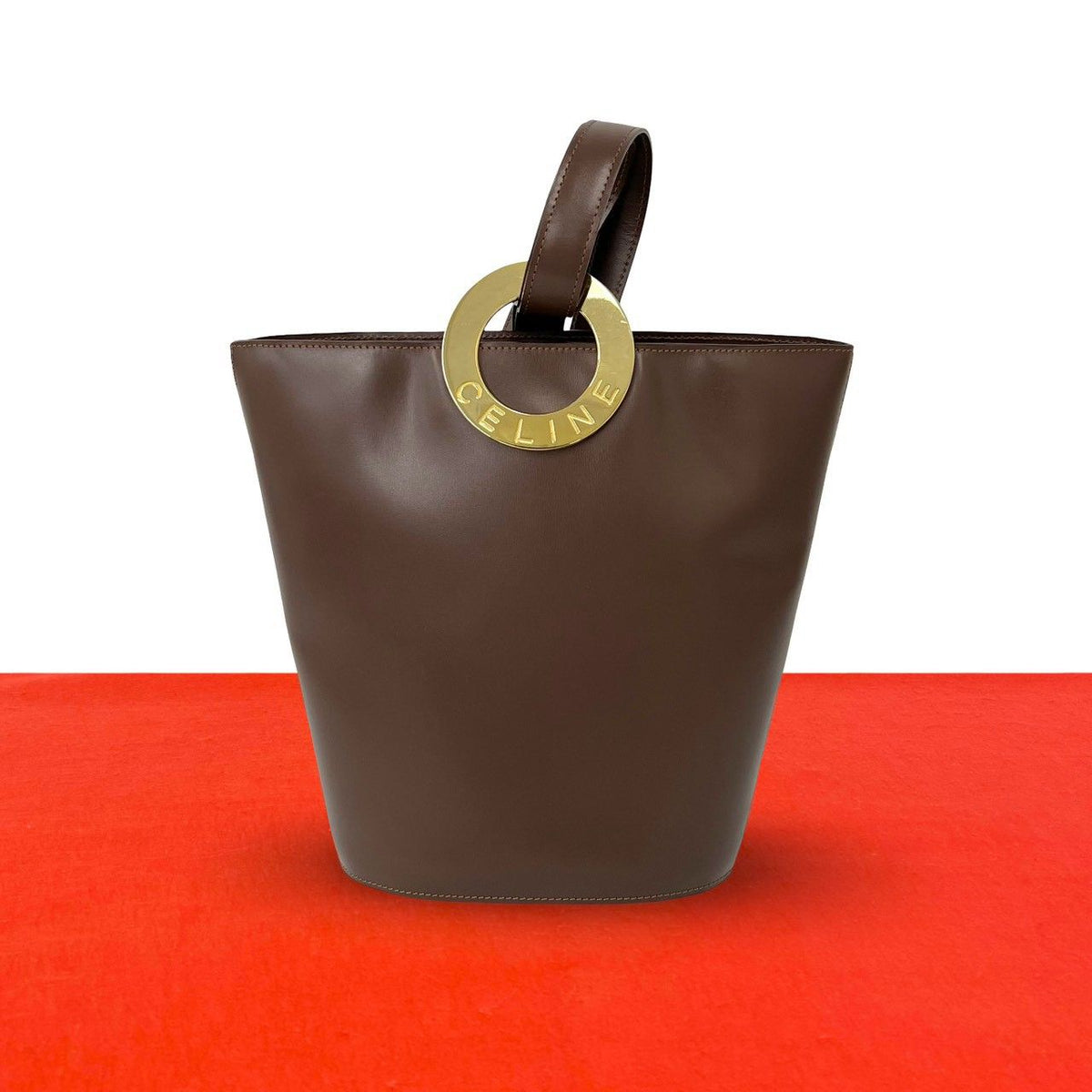 Celine Vintage Circle Logo Leather Shoulder Bag Tote Brown