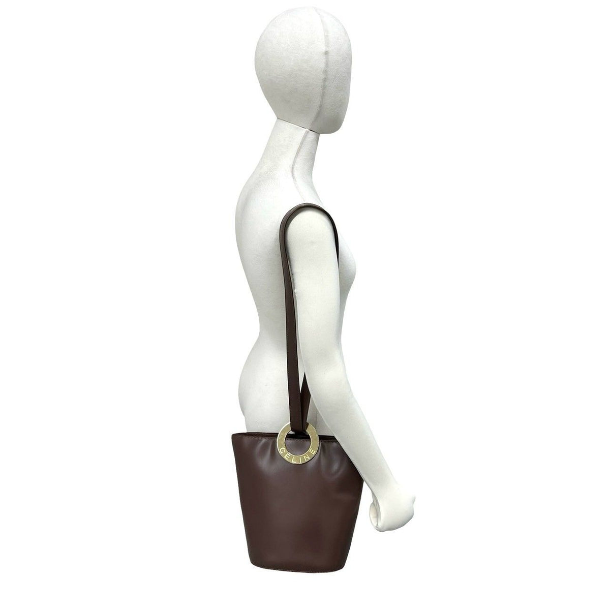 Celine Vintage Circle Logo Leather Shoulder Bag Tote Brown — view 2