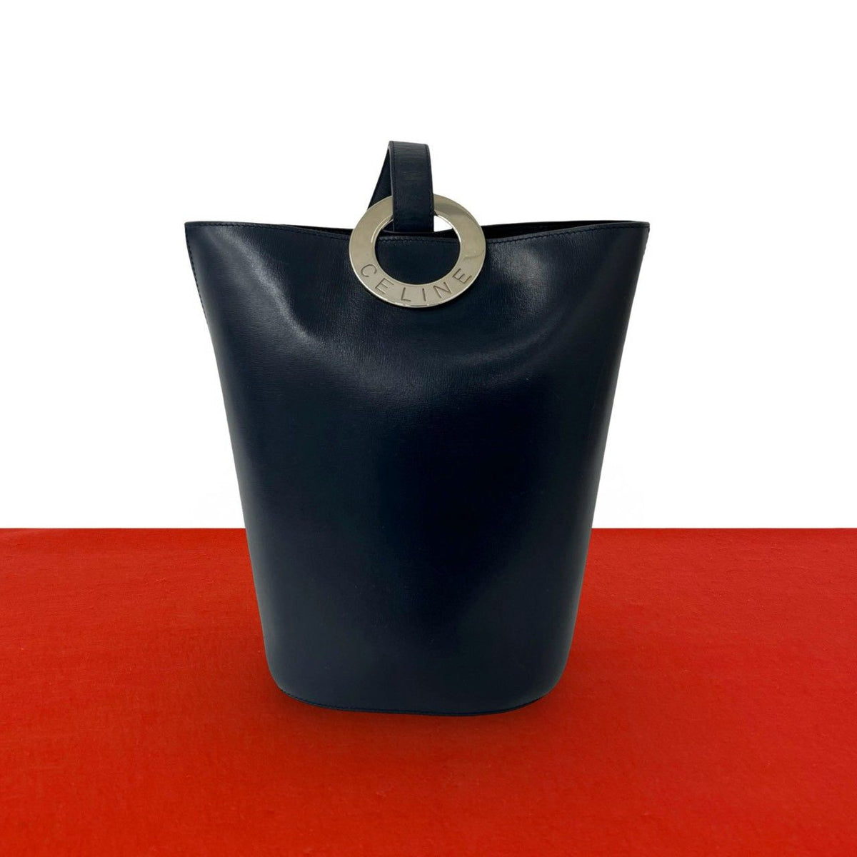 Celine Vintage Circle Logo Leather Shoulder Bag Tote Navy