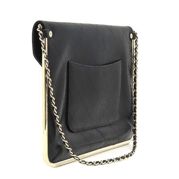 Chanel Clutch Quilted Chain Leather Black Gold CC Logo — view 2