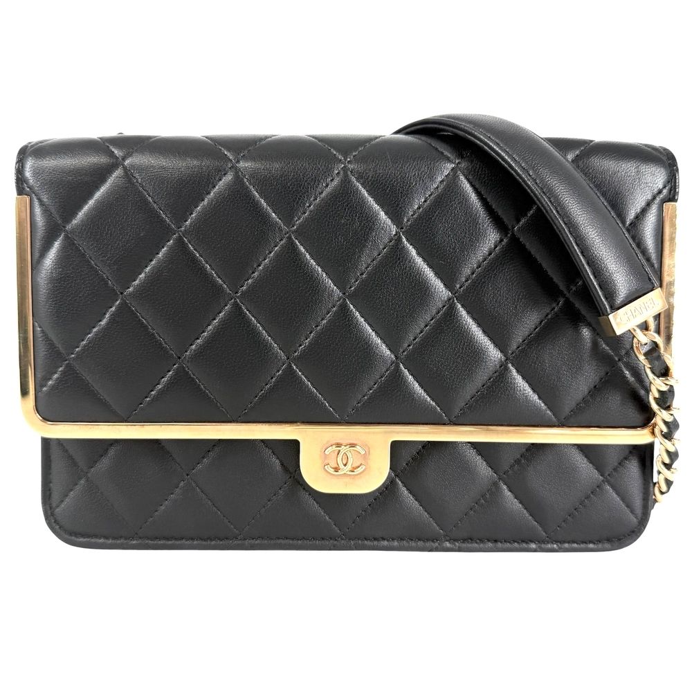 Chanel Chain Wallet Quilted CC Logo Shoulder Bag Crossbody Lambskin Black Rose