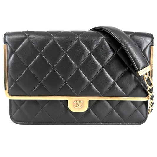 Chanel Chain Wallet Quilted CC Logo Shoulder Bag Crossbody Lambskin Black Rose