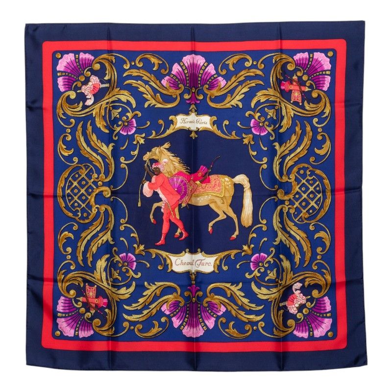 Hermes Carre 90 Luco's Horse Cheval Turc Scarf Navy Multicolor Silk