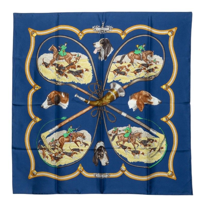 Hermes Carre 90 le Laisser Courre Hound Scarf Blue Silk