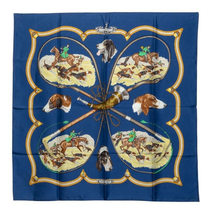 Hermes Carre 90 le Laisser Courre Hound Scarf Blue Silk