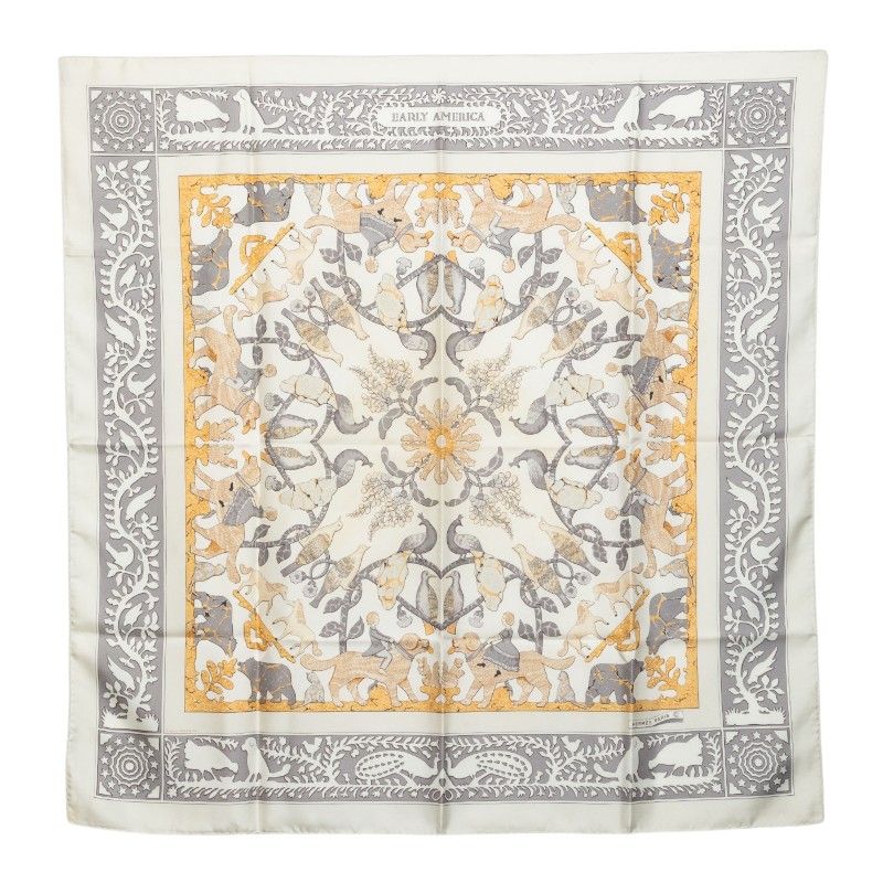 Hermes Carre 90 Early America Scarf Gray Multicolor Silk