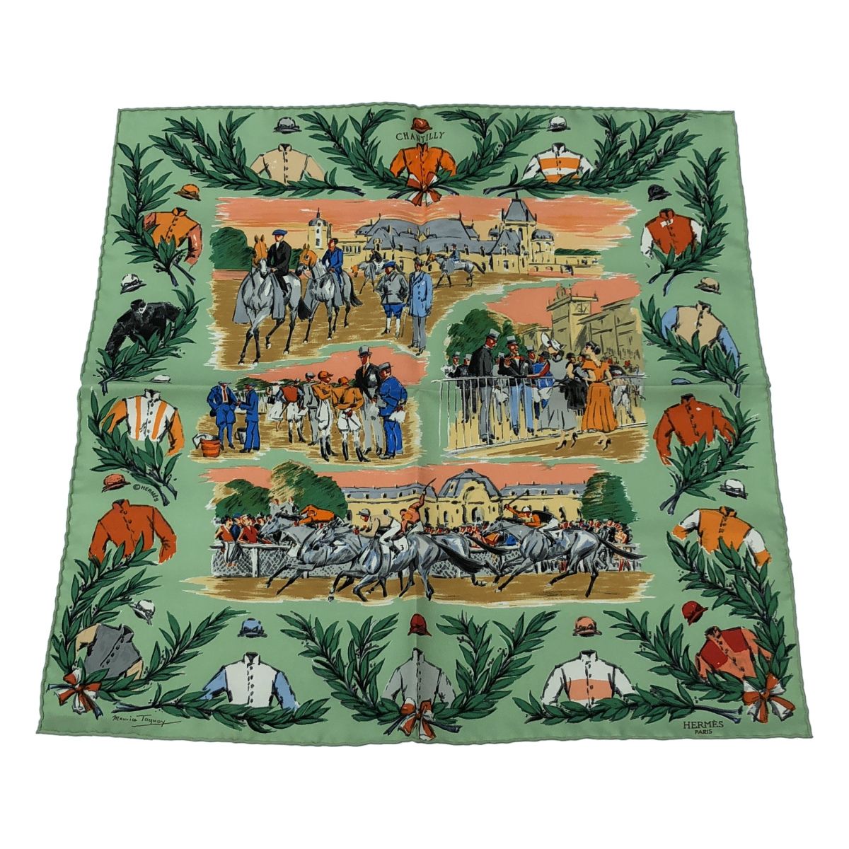 Hermes Carre 45 Chantilly Racecourse Scarf Green