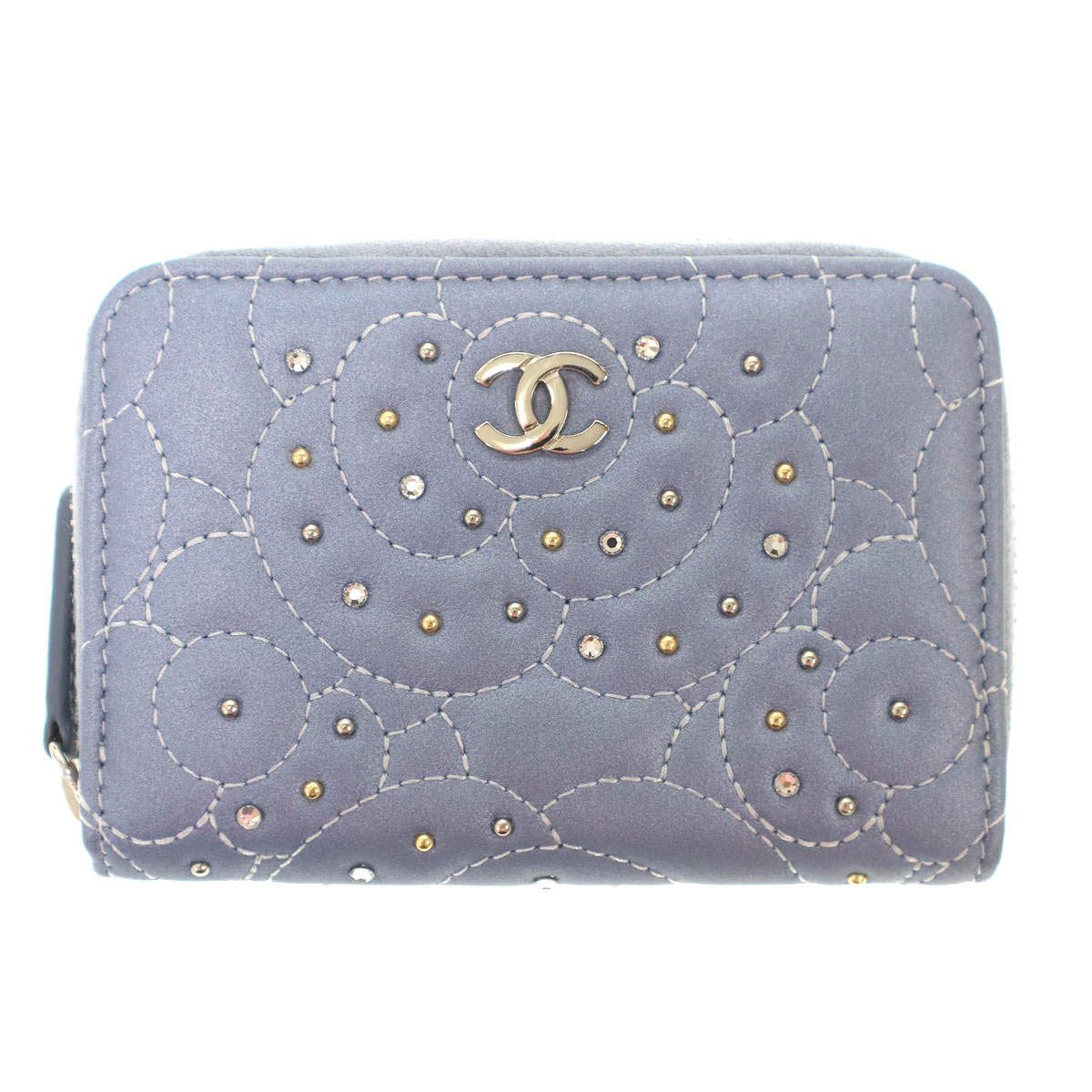 Chanel Camellia Stone Coin Purse Compact Wallet Blue