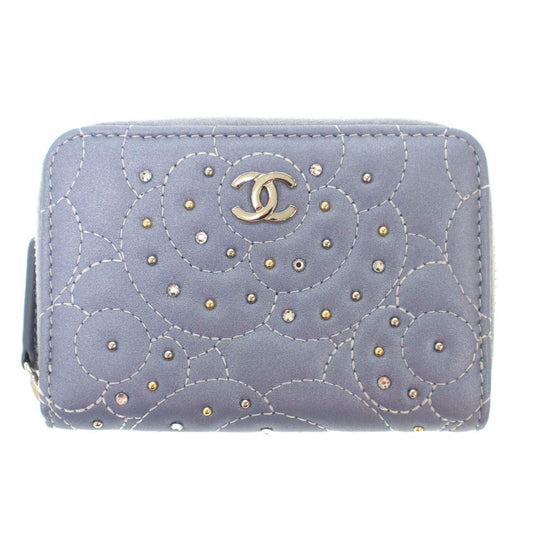 Chanel Camellia Stone Coin Purse Compact Wallet Blue