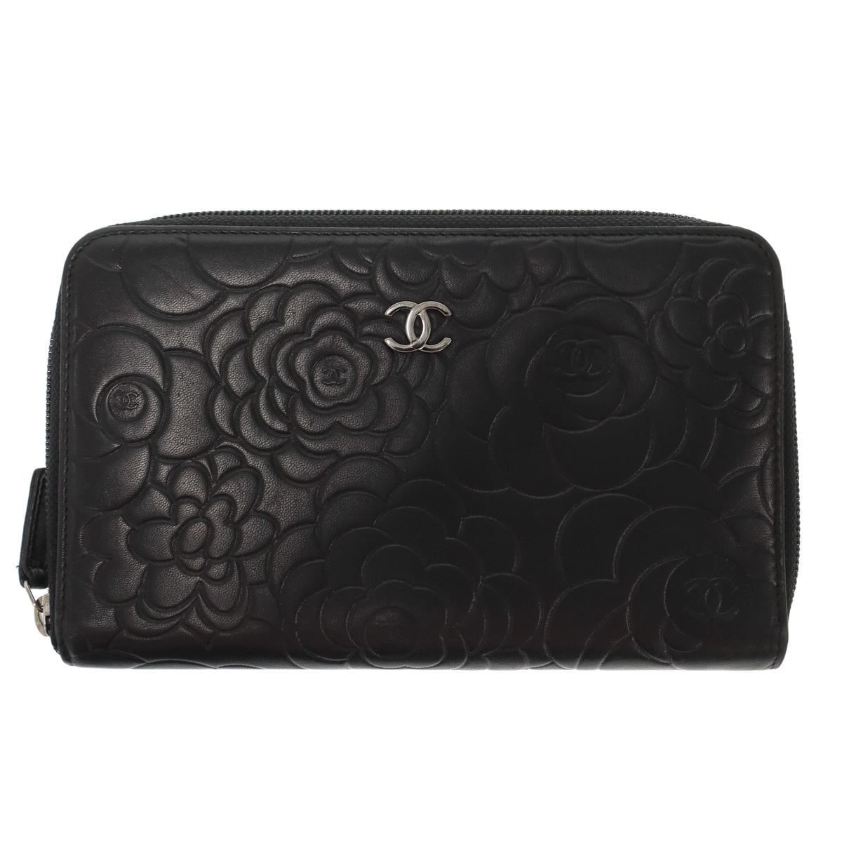Chanel CC Logo Camellia Round Zip Leather Wallet Black
