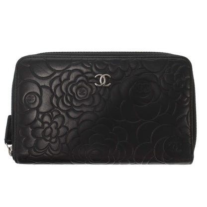 Chanel CC Logo Camellia Round Zip Leather Wallet Black