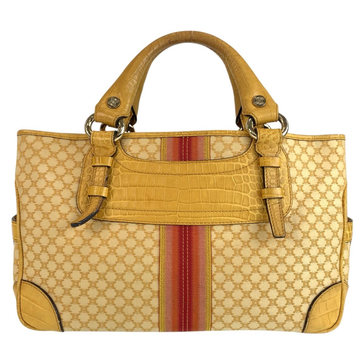 Celine Vintage Macadam Pattern Yellow Canvas Leather Tote Bag