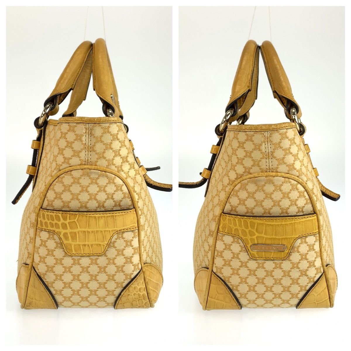 Celine Vintage Macadam Pattern Yellow Canvas Leather Tote Bag — view 8