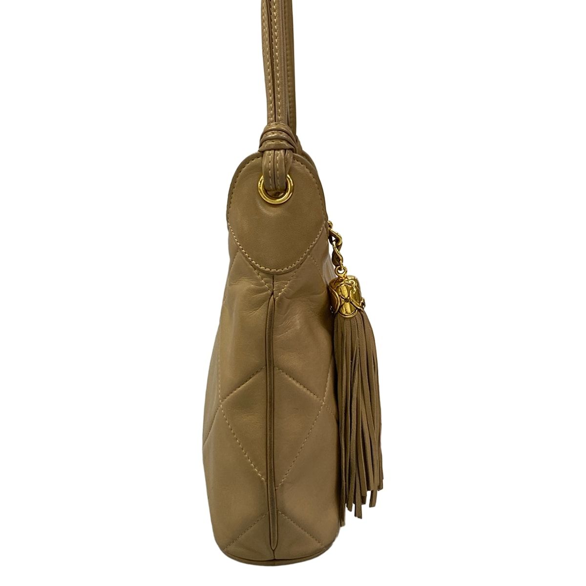 Chanel Shoulder Bag Quilted Beige Gold Tassel Lambskin — view 2