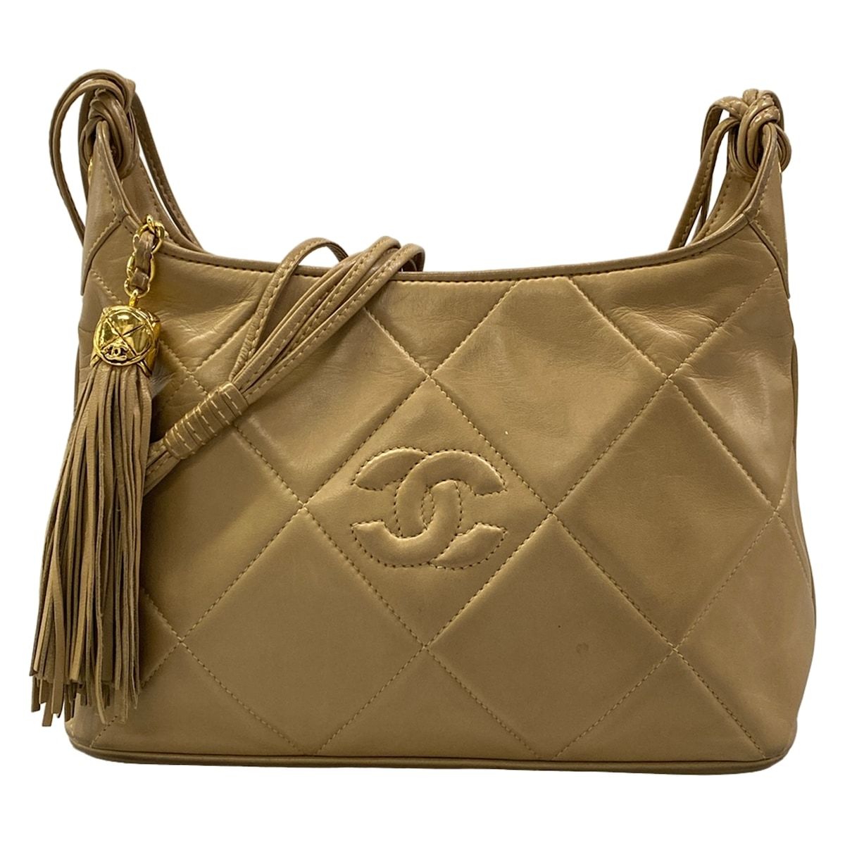Chanel Shoulder Bag Quilted Beige Gold Tassel Lambskin