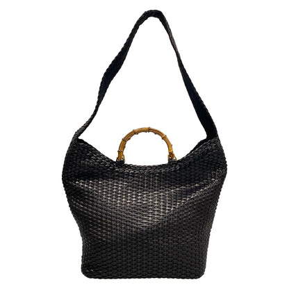 Gucci Shoulder Bag Bamboo Black Braided 2-Way Leather