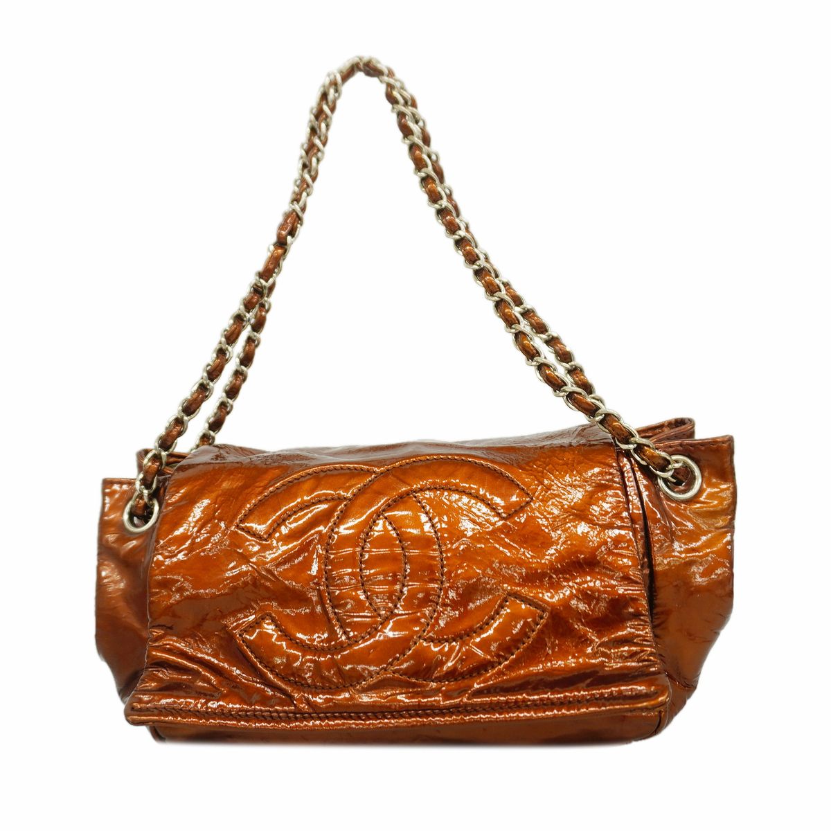 Chanel Shoulder Bag Patent Leather Brown Silver