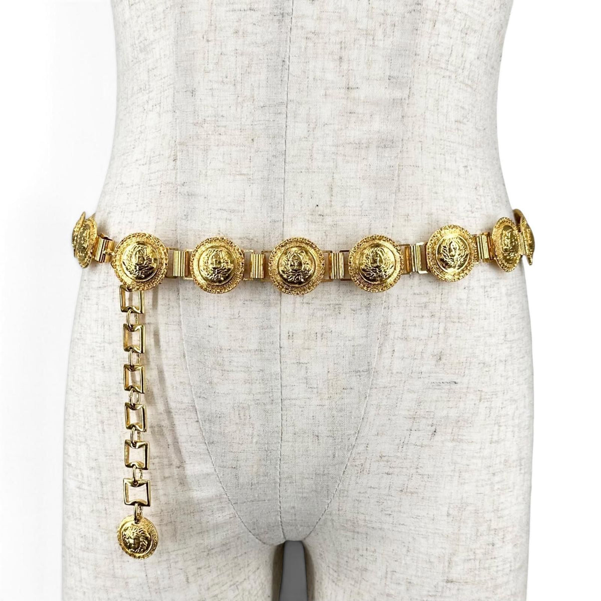 Versace Gianni Vintage Medusa Logo Coin Motif Chain Belt Gold — view 2