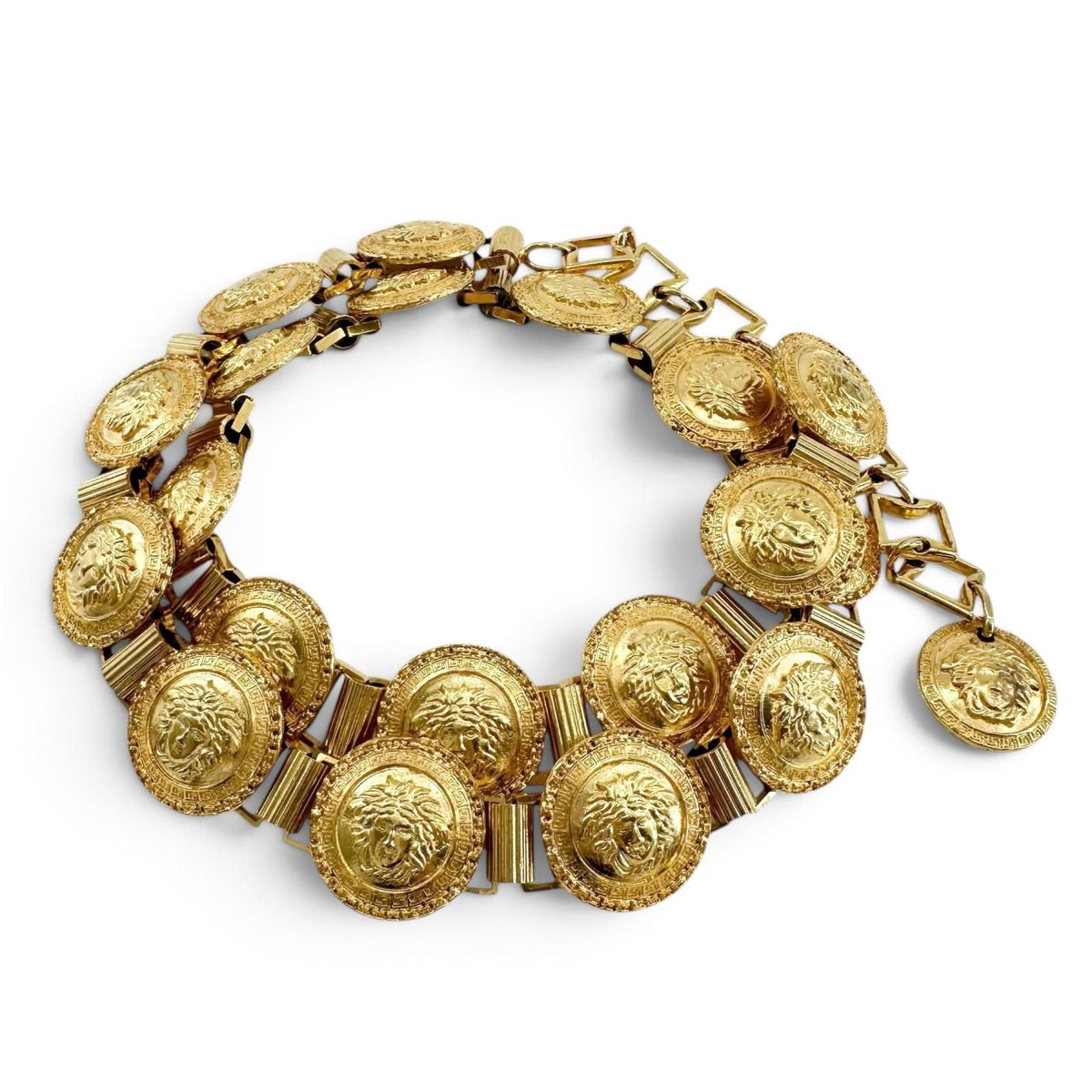 Versace Gianni Vintage Medusa Logo Coin Motif Chain Belt Gold