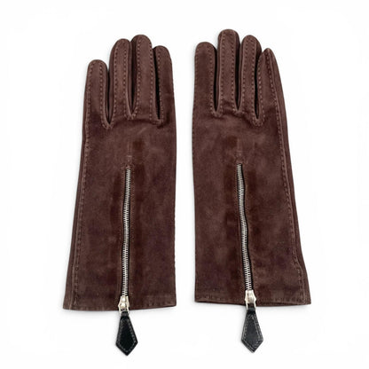 Hermes Reindeer Leather Silver Suede Gloves Dark Brown — view 3