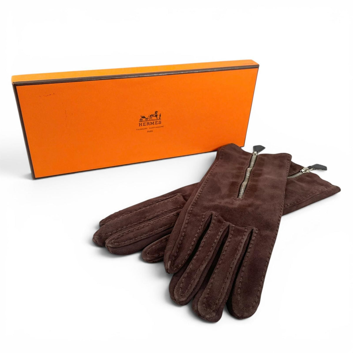 Hermes Reindeer Leather Silver Suede Gloves Dark Brown — view 2