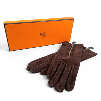 Hermes Reindeer Leather Silver Suede Gloves Dark Brown — view 2