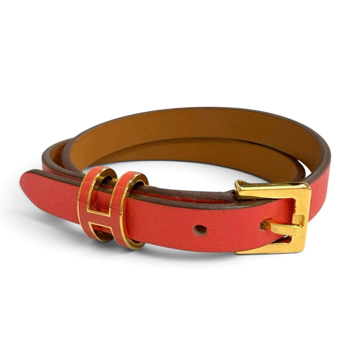 Hermes Pop H Double Tour Gold Leather Bracelet Red T2