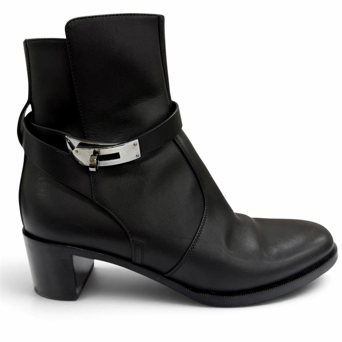 Hermes French 50 Silver Kelly Buckle Leather Short Boots Black — view 6