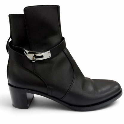 Hermes French 50 Silver Kelly Buckle Leather Short Boots Black — view 6