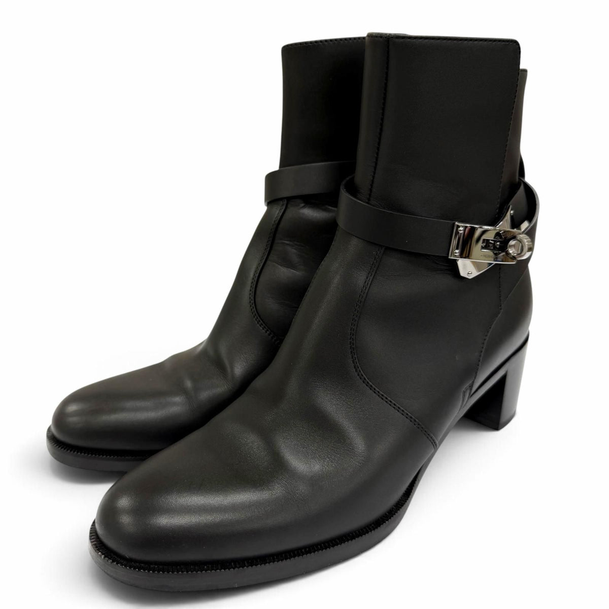 Hermes French 50 Silver Kelly Buckle Leather Short Boots Black